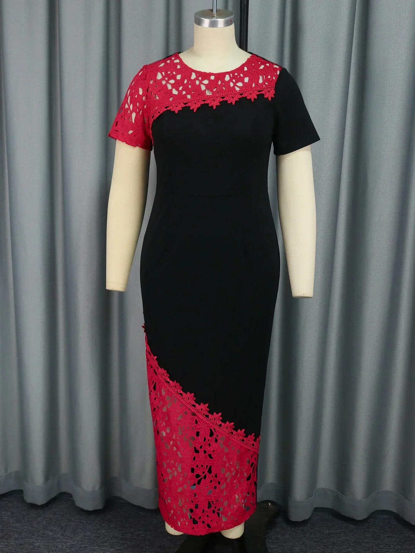 Women Black Sheath Evening Party Dress O Neck Red Lace Patchwork Short Sleeve Package Hip Formal Celebrate Prom Gowns Plus Size