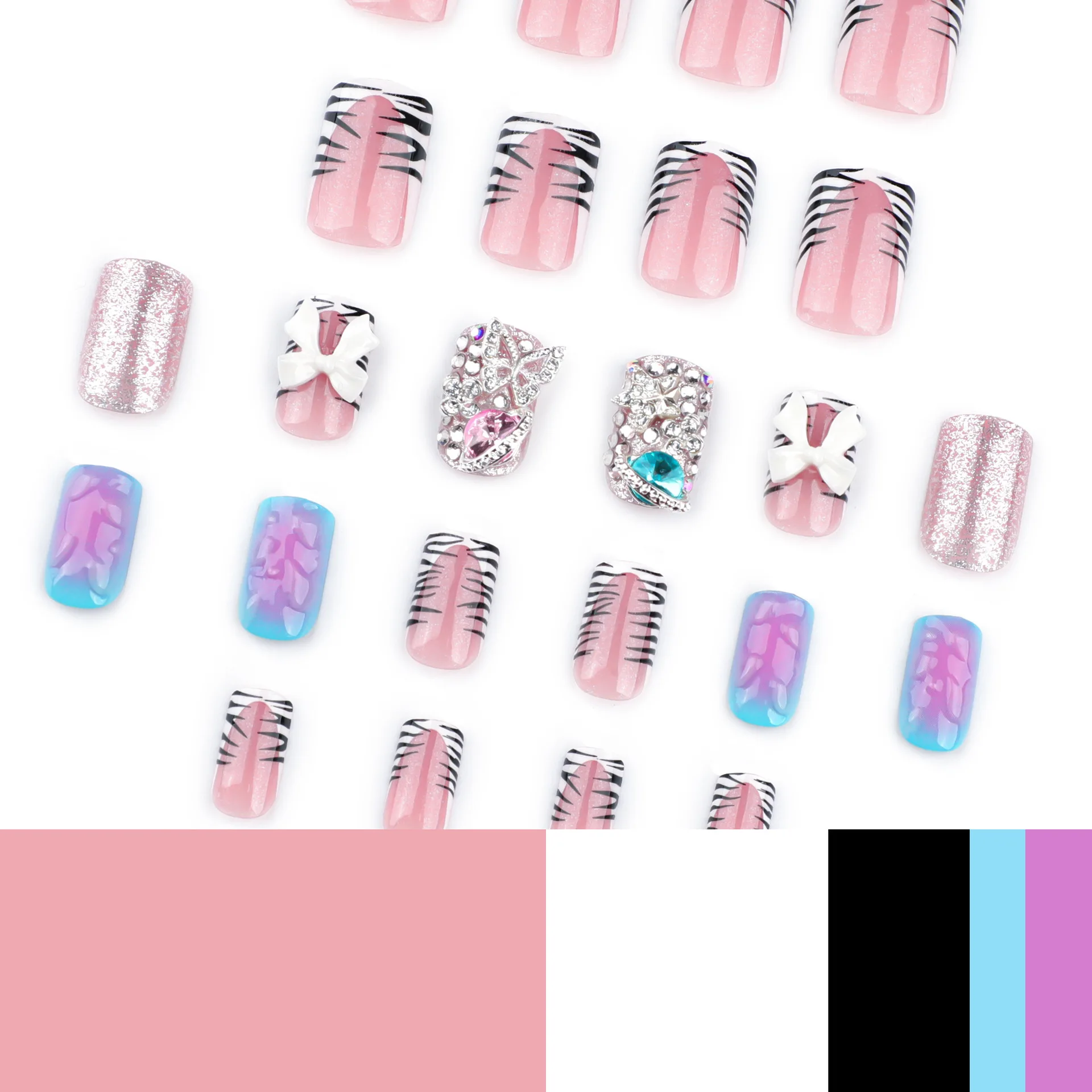 24pcs Y2k Sweet Cool Press On Nails Franse stijl Zebraprint Ontwerpen Kunstnagels Glanzende Strass Strikjes Decor Blush Fake Nail