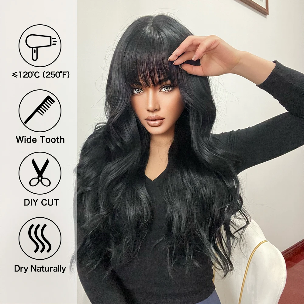 Long Body Wave Synthetic Wigs with Bangs Black Natural Loose Curly Wavy Wig for White Women Heat Resistant Daily Cosplay Party