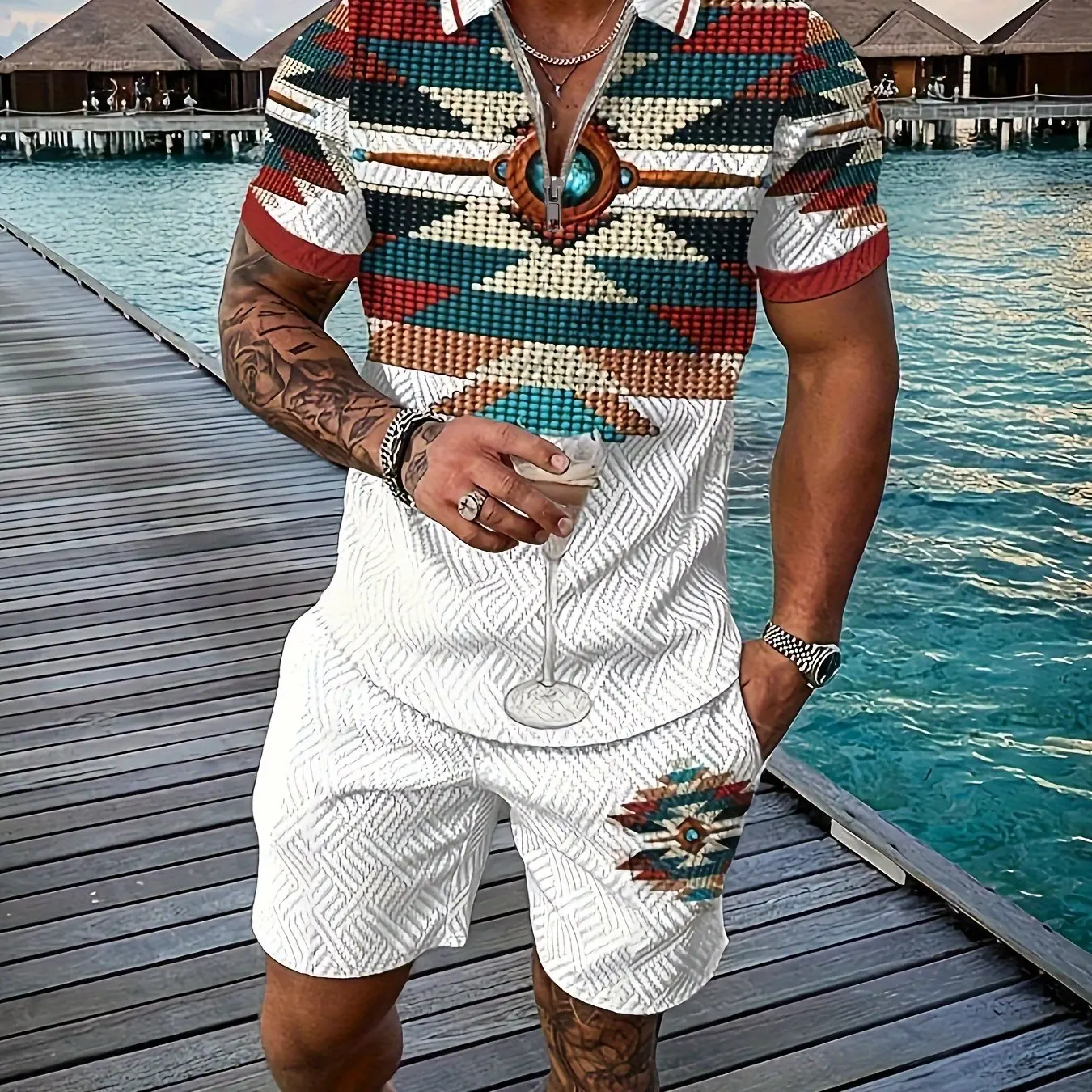 Conjunto de moletom estampado Totem 3D masculino, estilo nacional retrô, camisa polo e shorts com zíper, roupas masculinas, conjunto treino verão, 2