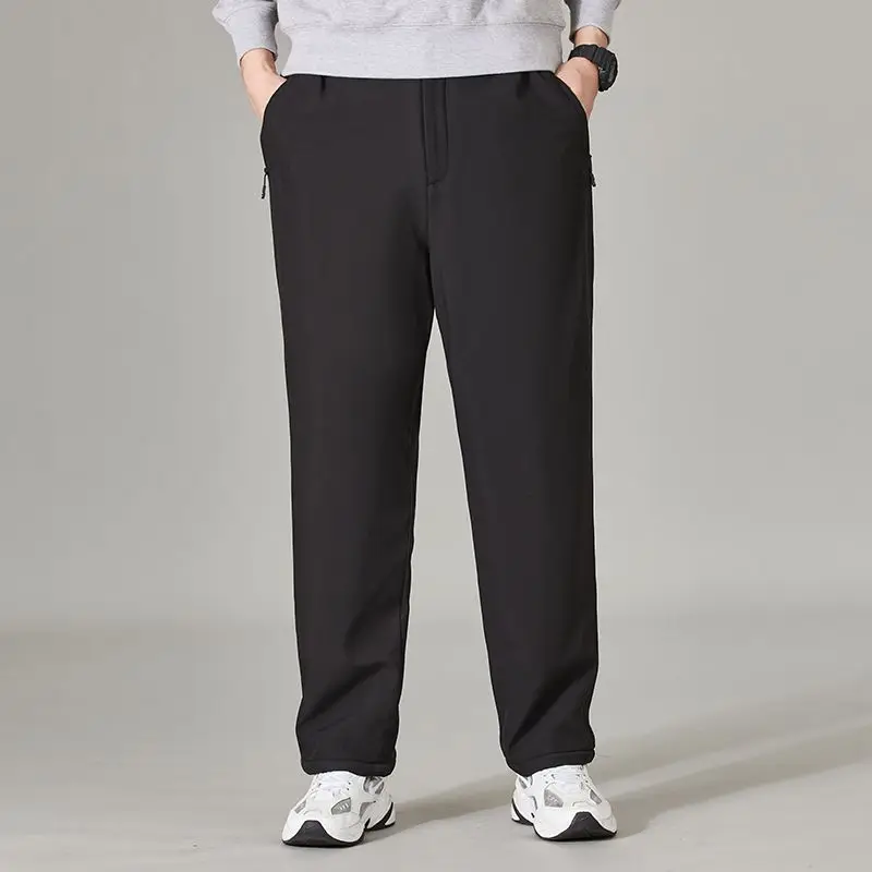 Men Elastic Waist Casual Pants Zipper Pocket Straight Loose Trousers