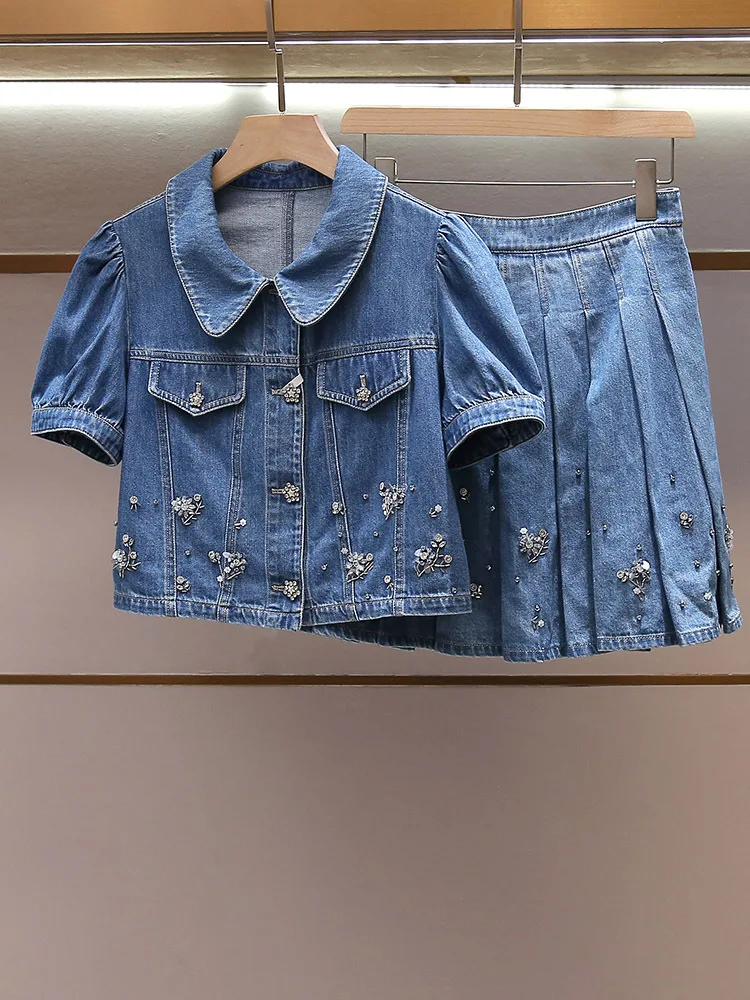 

Withered Women's Summer Sweet Style Doll Collar Top Pleated Skirt Nail Bead Denim Set New Two Piece Set Women's Suit