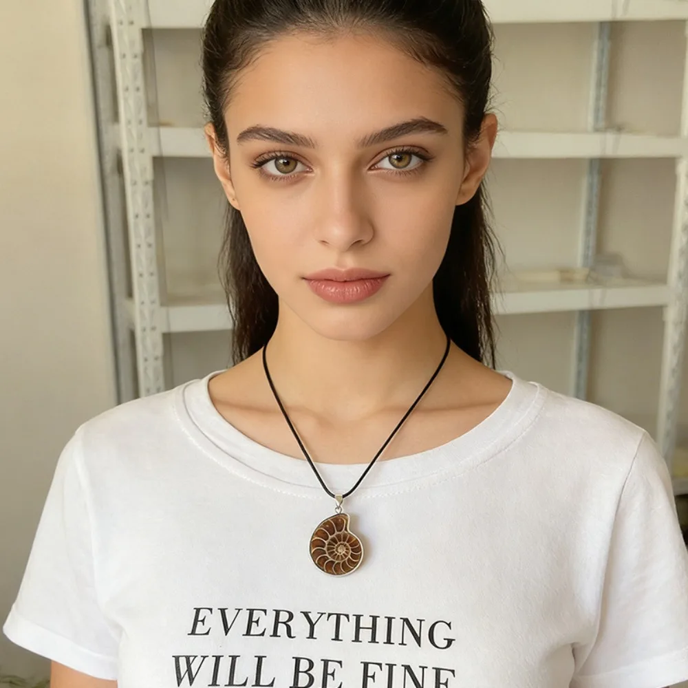 

Natural Conch Shell Pendant Necklace, Silver Plated Hexagon Charm Black Leather Cord Jewelry for Women