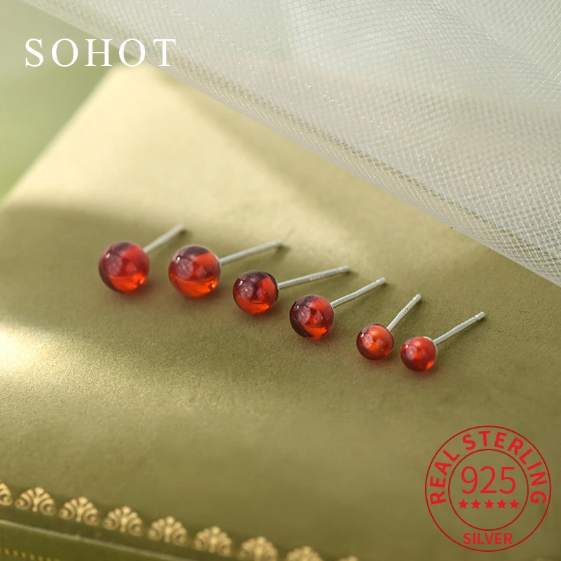 

Real 925 Sterling Silver Red Garnet Mini Round Stud Earrings for Charm Women Cute Elegant Fine Jewelry Minimalist Accessories