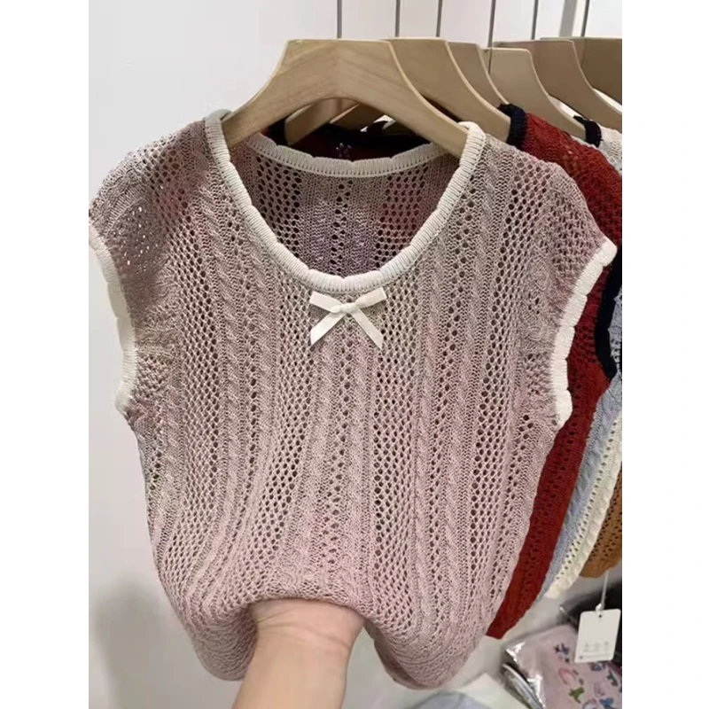 Women Bow Front Pointelle Knit Top Short Sleeve Sweater Tops with Ribbon Ruffled Hem Pullover Teengirl Summer Barbiecore Outfit
