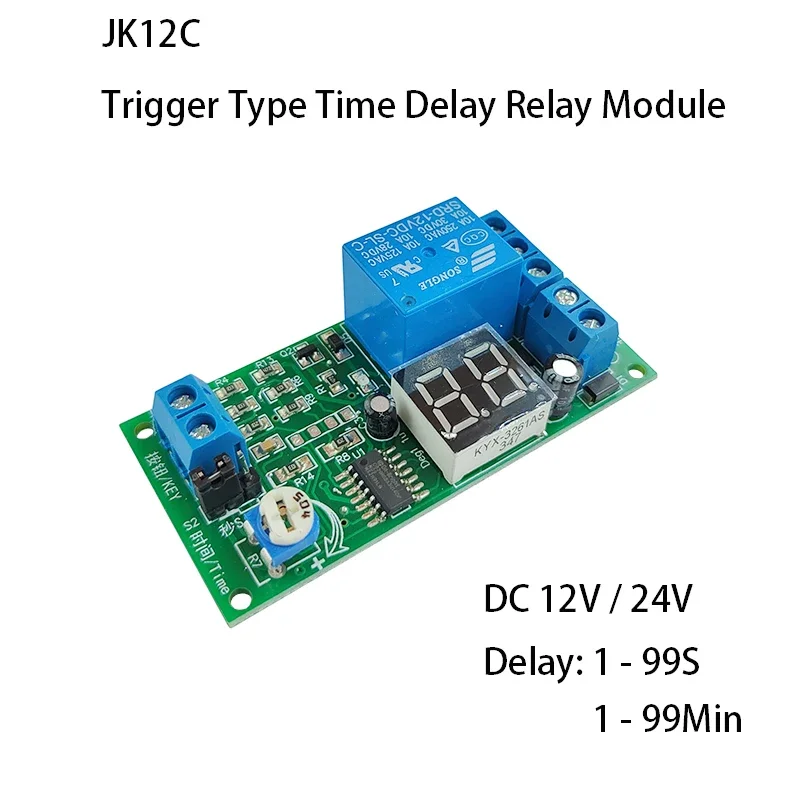 JK12C Time Delay Relay Module with Time Display 12V24V Triggle Delay Control Switch 1-99S/Min Turn ON/OFF Relay Switch Module