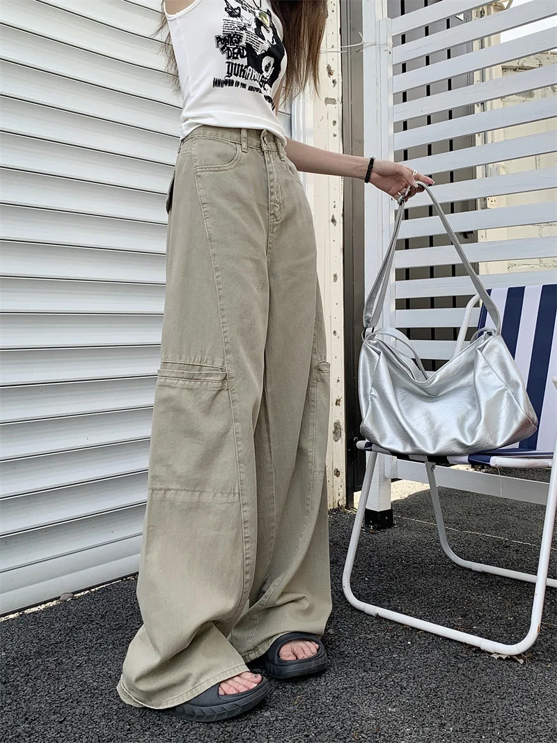 Women's Khaki Baggy Cargo Pants Vintage Y2k Harajuku Aesthetic Streetwear Oversize Pants High Waist Wide Trousers 2000s Clothes