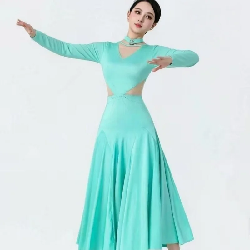 

Спортивная одежда 2026: Женское взрослое платье для выступлений и тренировок по вальсу, светло-зеленое, с длинным рукавом