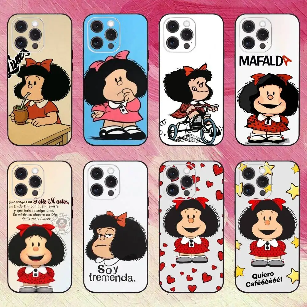 Hot Mafalda telefoonhoesje voor iPhone17,16,15,14,13,12,11 Plus, Pro Max zachte zwarte hoes