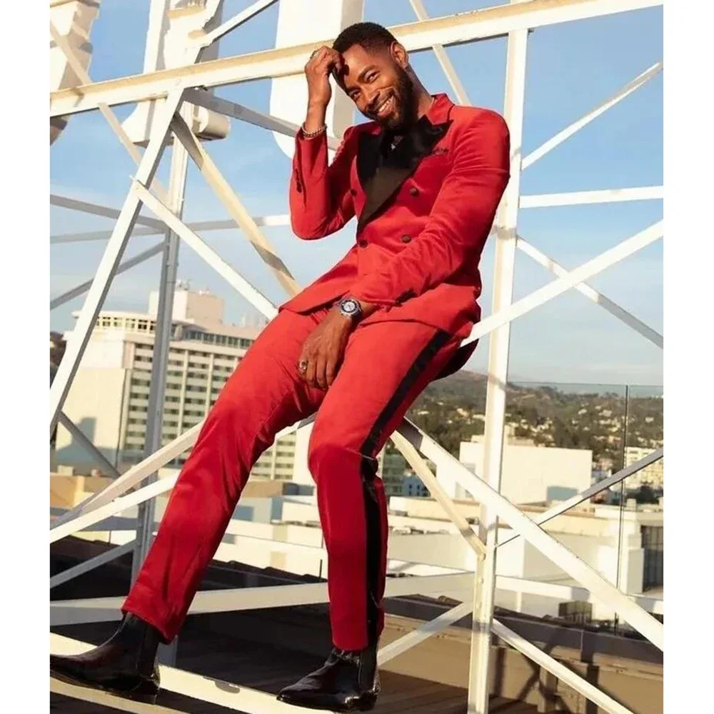 

New Fashion Red Men Suits Blazer Pants Peaked Lapel Double Breasted Prom Business Travel Suit for Male 2 Pieces