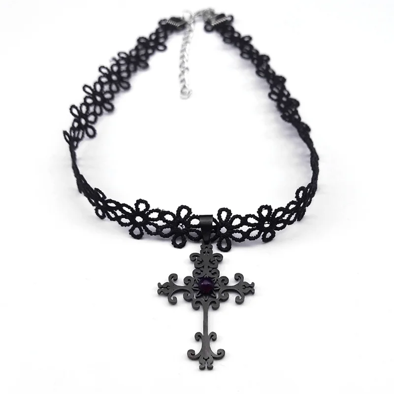 Collier victorien gothique avec croix en dentelle noire pour hommes et femmes, tour de cou en acier inoxydable avec pierre rouge, colliers de la présidence, bijoux de style Loli foncé, N8590S03