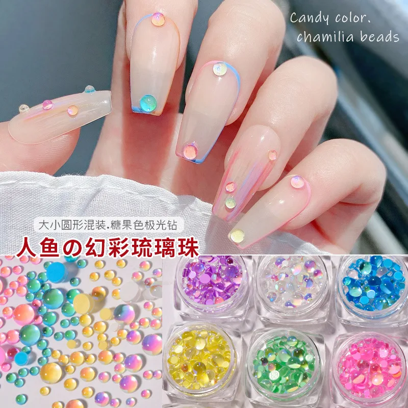 2 Jars Mixed Size Flat Back Nail Art Rhinestones Mermaid Ball Accessories For Nails Decoration Supplies Manicure Decor Material