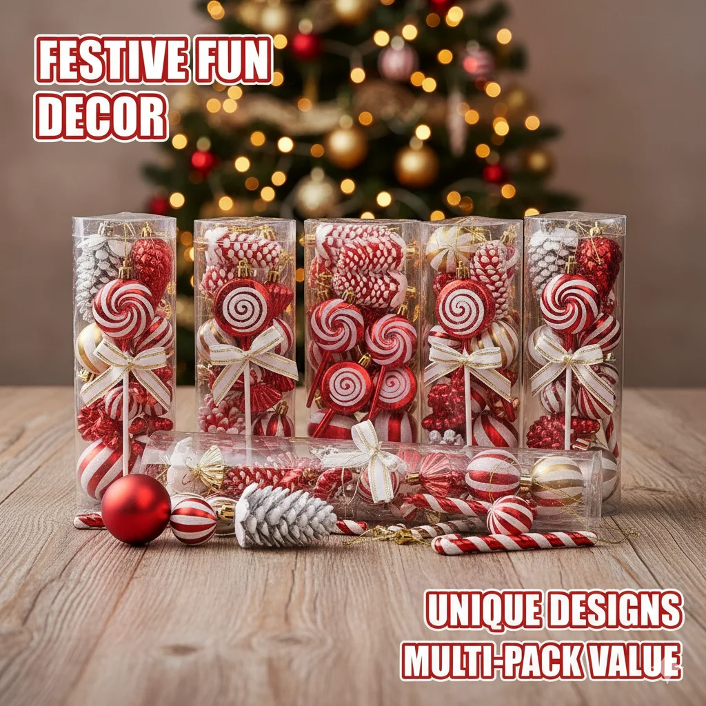 

Christmas Candy 15Pcs Set Halloween Cane Pinecone Red White Painted Ball Set Plastic Christmas Decoration 15 Pack Gifts Box Set
