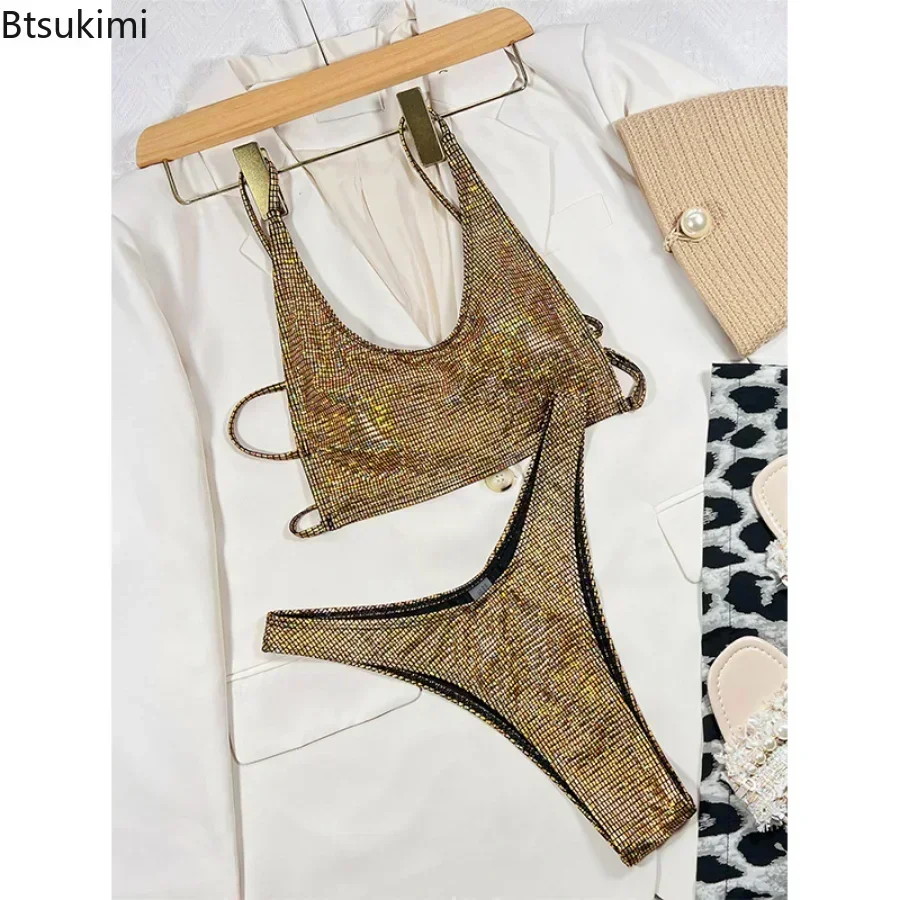 2025 Women's Summer Bikini Sets Shiny Sequins High Cut Bikini Swimsuit Female Drawstring Back Swimwear Brazilian Thong Bikinis
