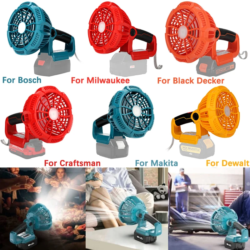 

Portable Handheld 9W Fan For Makita/Dewalt/Milwaukee/Bosch/Black&Decker/Craftsman 14.4-20V Li-ion Battery with LED Lanterns