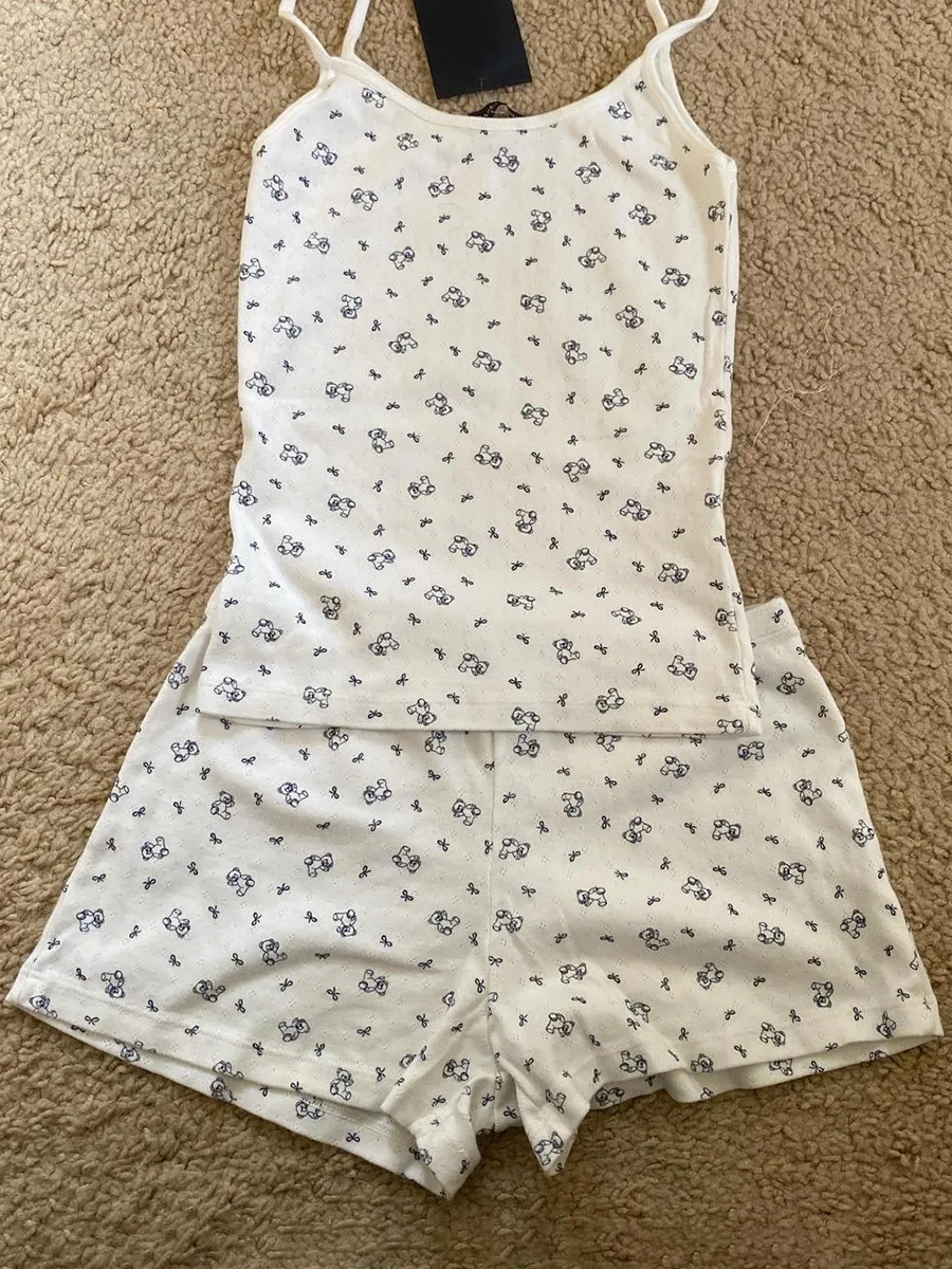 

Cute Little Bear Bow Print Tank ShortsPajama Set Women Slim Tank Tops+Straight Boxer Sweatshorts Cotton Home Home 2 Piece Sets