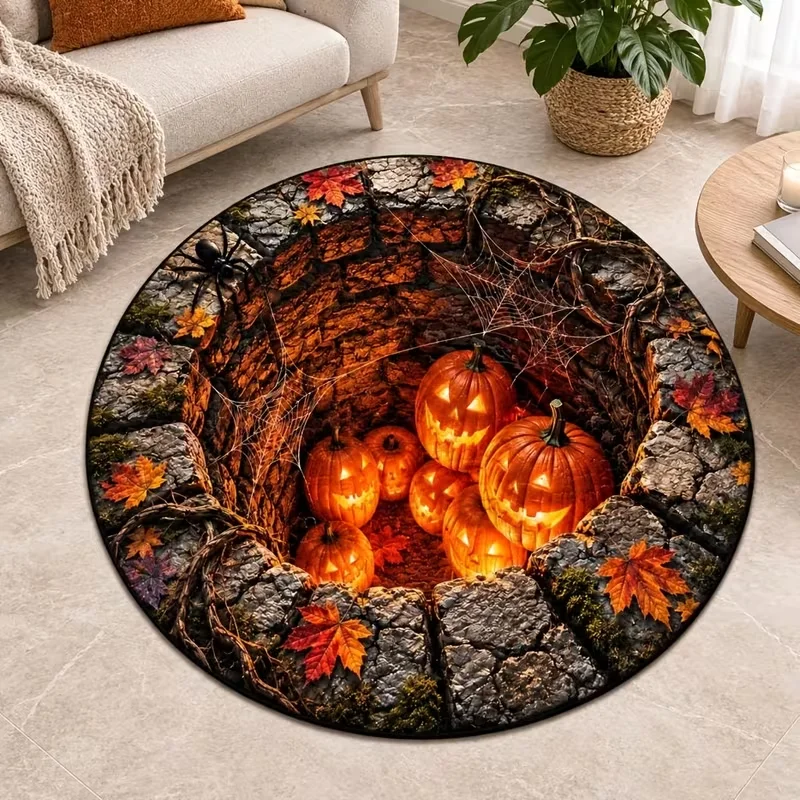 Round Halloween 3D Cave Visual Area Rug, Witch Tavern Pumpkin Crow Skull Potion Bottle Print Decorative Floor Rug