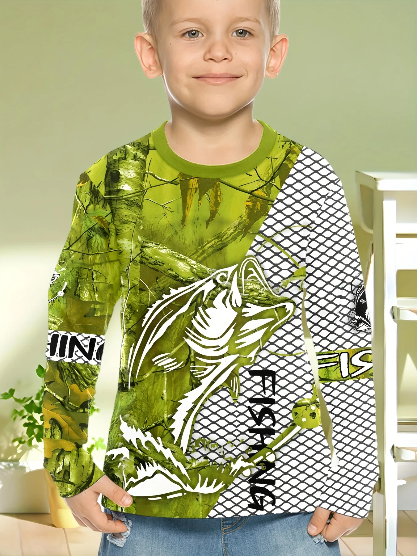 Fishing Graphic T Shirts Children's Clothing Autumn Long Sleeve Children Top Casual Kids T Shirt Round Neck T-Shirt Kids Clothes