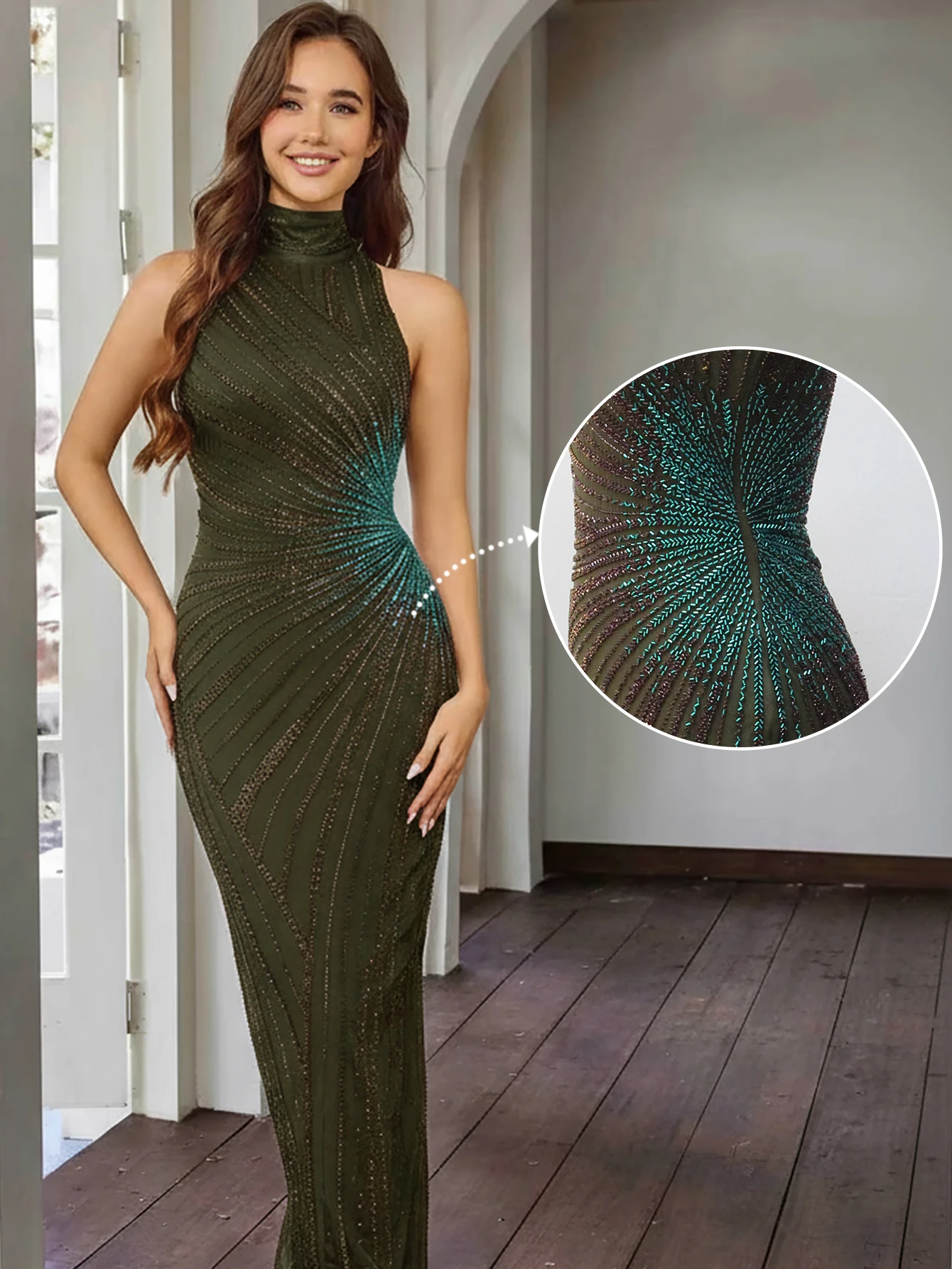 우아한 홀터넥 머메이드 헴 스팽글 프롬 드레스 그린 정장 이브닝 웨딩 게스트 가운, 디너 파티 드레스용