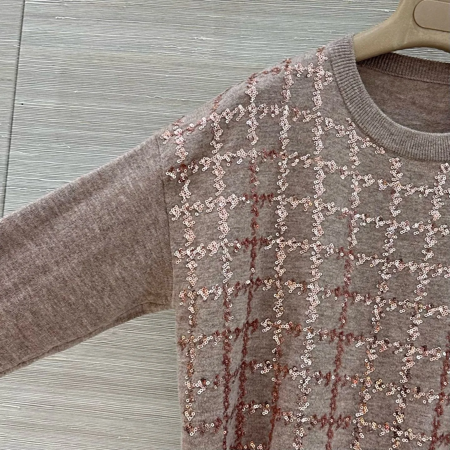 Women Cashmere‑Blend Crew‑Neck Sweater, Sequin Grid Plaid Embroidery Relaxed‑Fit Long‑Sleeve Knit Pullover Top
