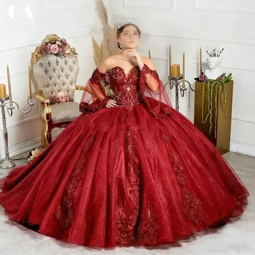 

ULBYANRY Customized A-line Applique Sweet 15 Dress with Flare Sleeves Sparkly Tulle Quinceanera Dress Luxury Strapless Ball Gown