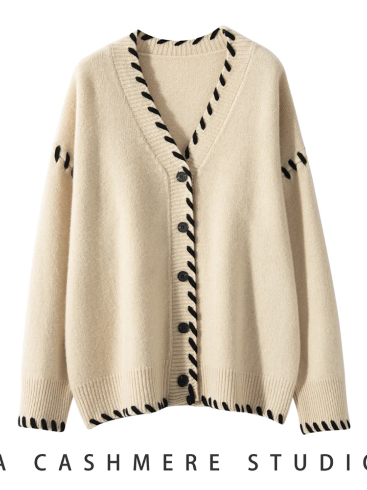 

Women's Cardigans Coats 100% Cashmere Sweater V Neck Loose Casual high-end Soft Comfy Knitted New Chic Office Lady Tops