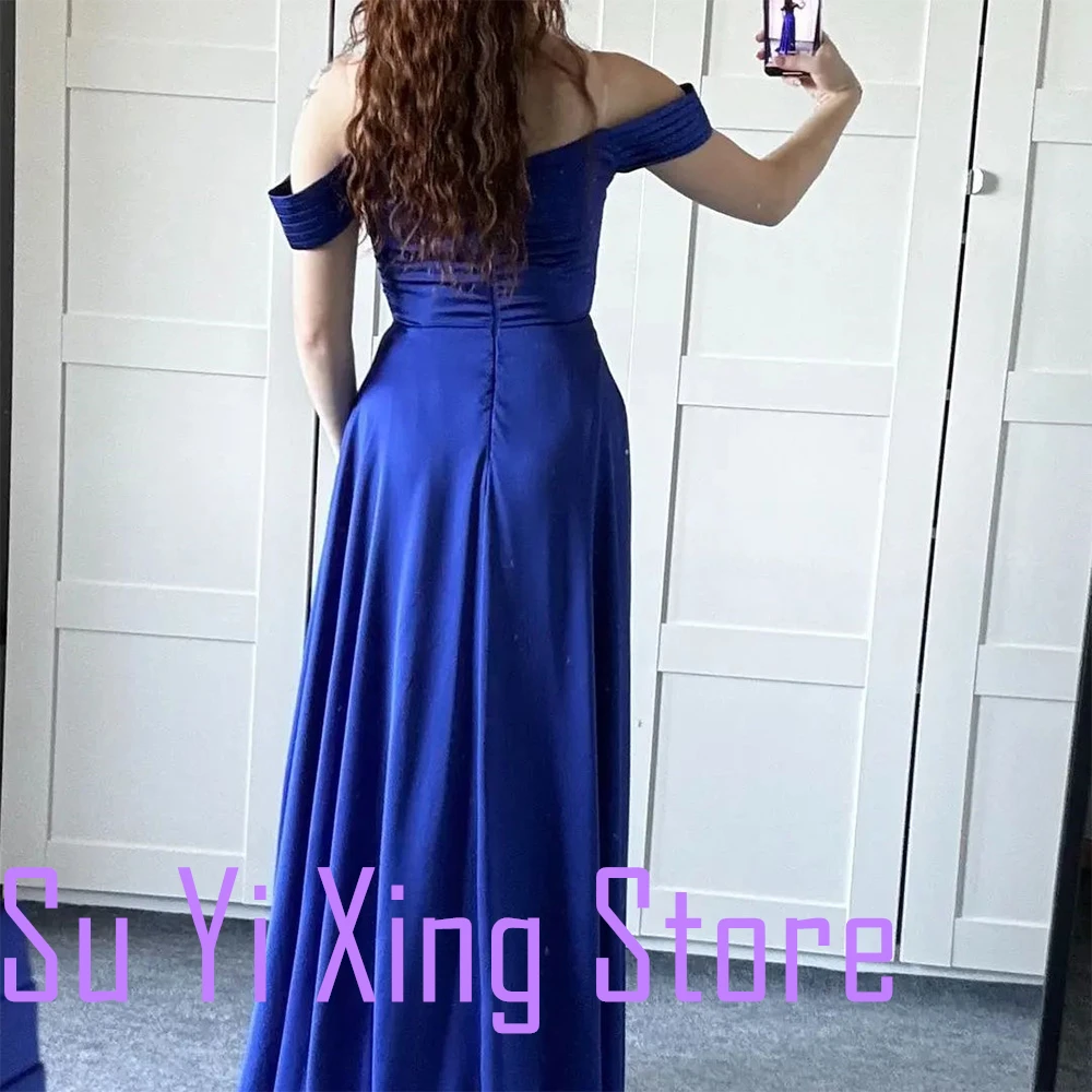 Satin Zipper Back Sleeveless Off the Shoulder Boat Neck A-Line Front Slit Sweep Train Floor Length Temperament Evening Dress