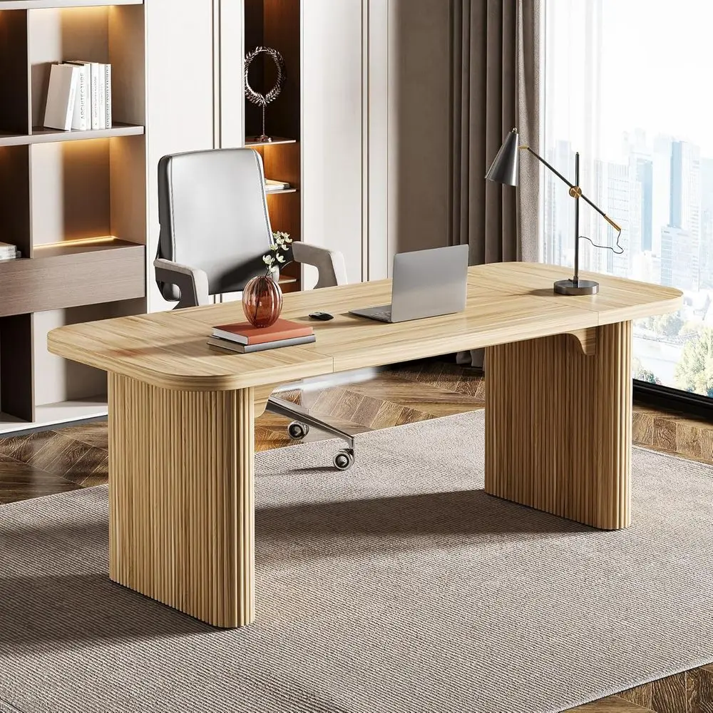 

Large 62 Natural Oak Double Pedestal Executive Desk for Home or Office Workstation