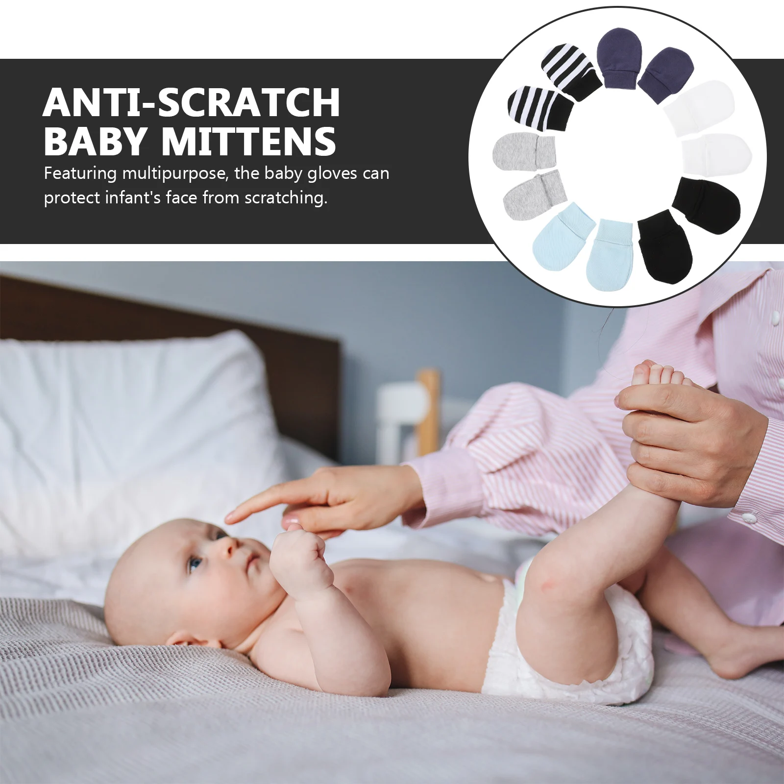 

6 Pairs Anti Scratch Baby Mittens Newborn Unisex Infant Gloves Cotton 6 Colors White Gray Black Blue Striped Washable Elastic