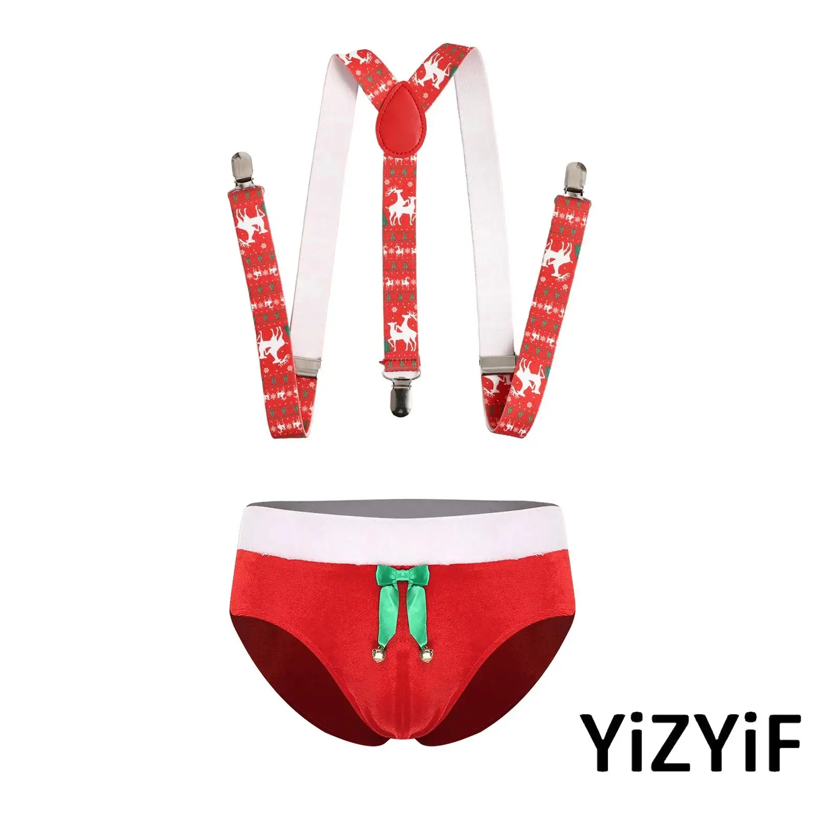 

Mens Christmas Briefs with Y-back Suspenders Plush Waistband Bulge Pouch with Bow And Bells Decor Underwear Nightwear Lingerie