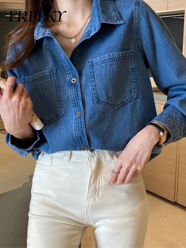 Casual Shirts & Blouses Autumn New Vintage Blue Shirt Korean Fashion Denim Shirt Loose Women Clothing Long Sleeve Pockets Blusas