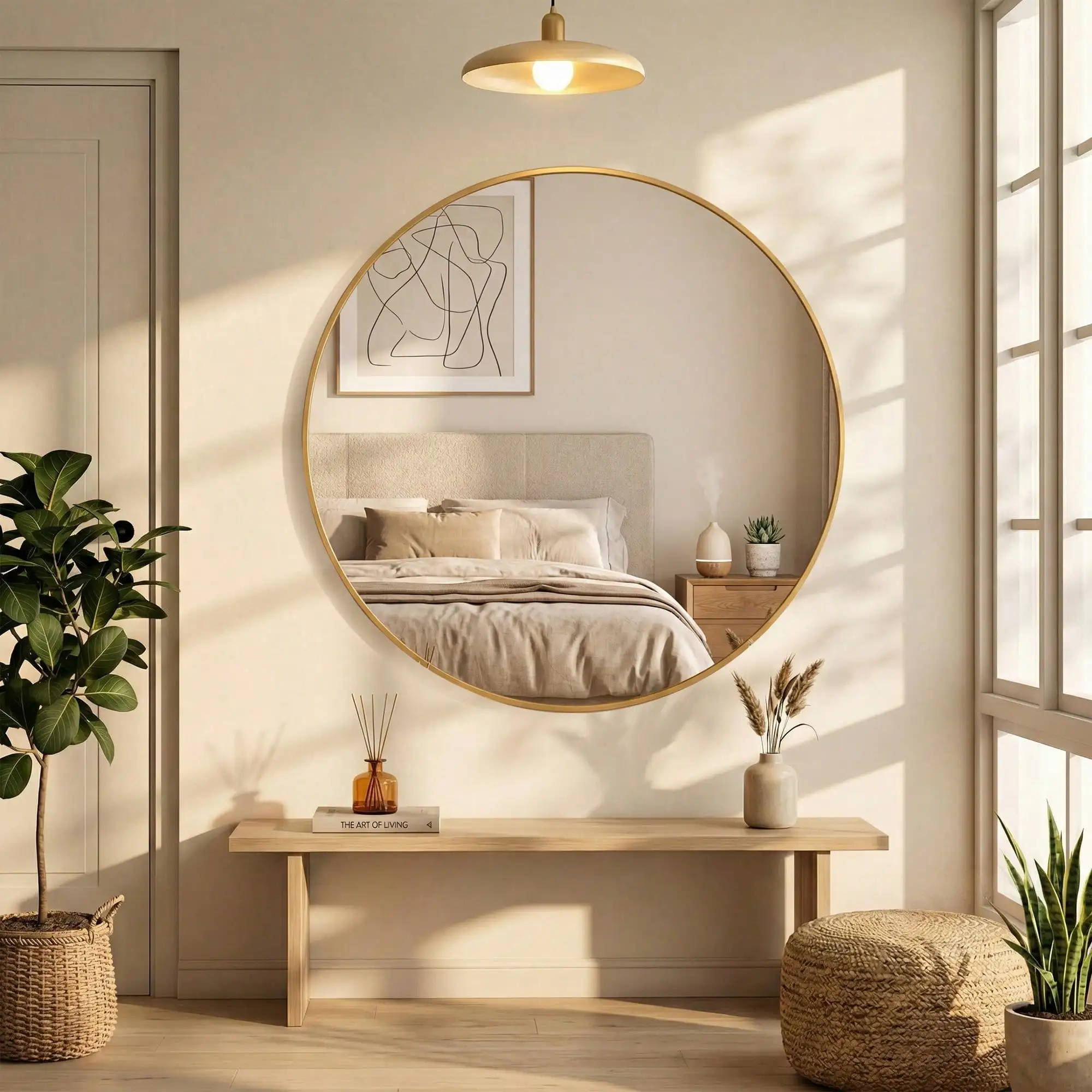 Wall Round Mirror With Crystal Clear Reflection, Convenient Hanging Hooks, And Premium Aluminum Alloy Construction