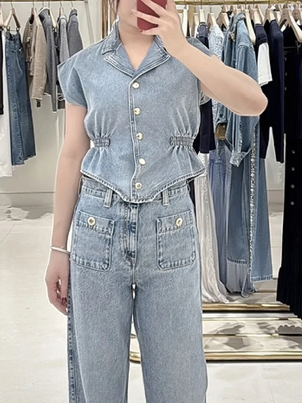 

Spring 2026 Early Design Sensation Elastic Waist Denim Vest Metal Bule Svel Women's Top Faion Commute Sle