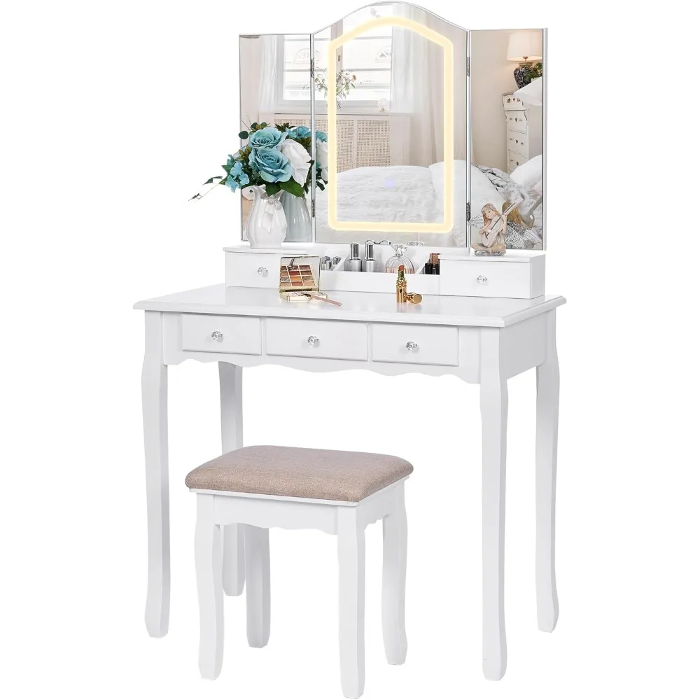 Coiffeuse avec miroir led et tabouret blanc avec miroir triple, 3 modes de couleur, table de maquillage fst16w