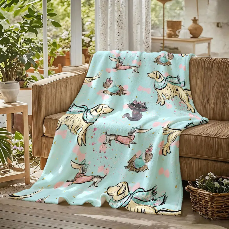 Watercolor Dogs Cats Mint Flannel Blanket Perfect for Sofa Office Bed Travel Sleep Read Relax Camping Four Season Use