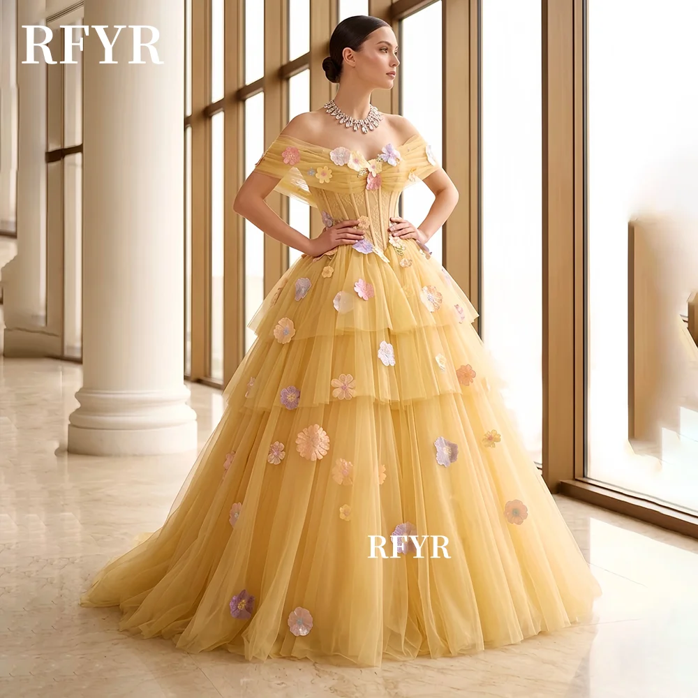 

Вечернее платье RFYR с открытыми плечами, объемными 3D цветами и пышной юбкой, в стиле принцессы, для феи, нарядное, на заказ