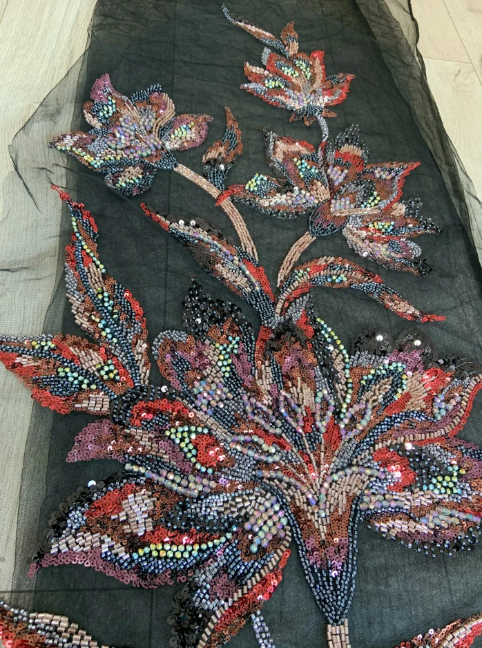 1 Piece Black Lace Fabric Patch with Luxury Colorful Beads Flower Applique for Wedding Dress,Ball Gown,Haute Couture Accessories view 4