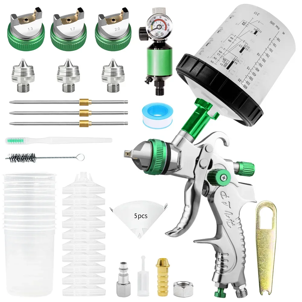 

HVLP Spray Gun, 1.3/1.7/2.0mm, Cordless Sprayer High Atomization Flow Rate Adjustable Gravity Spray Gun, w/ Mixing Cup*10