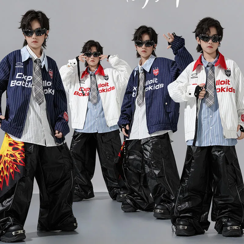 Boys K-pop Contrast Blue Shiny Jacket Street Dance Cargo Pants Girl Hip Hop Streetwear Kids Jazz Costume Children Clothes Set