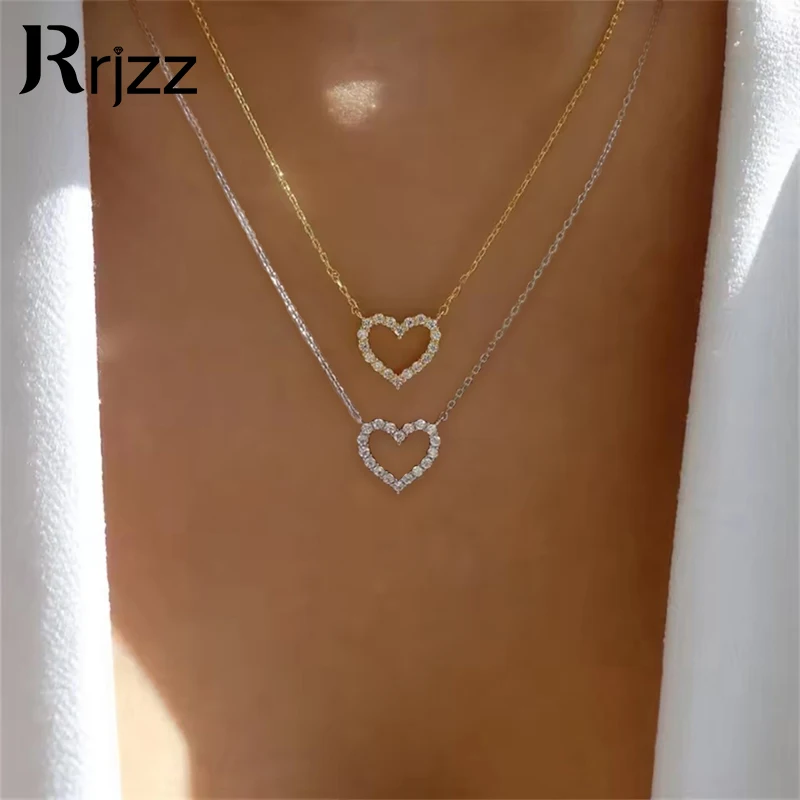 Rrjzz Heart-shaped D Color Moissanite Pendant Necklace GRA 14K Gold Plated Round Cut Lab Imitation Diamond Necklace for Women