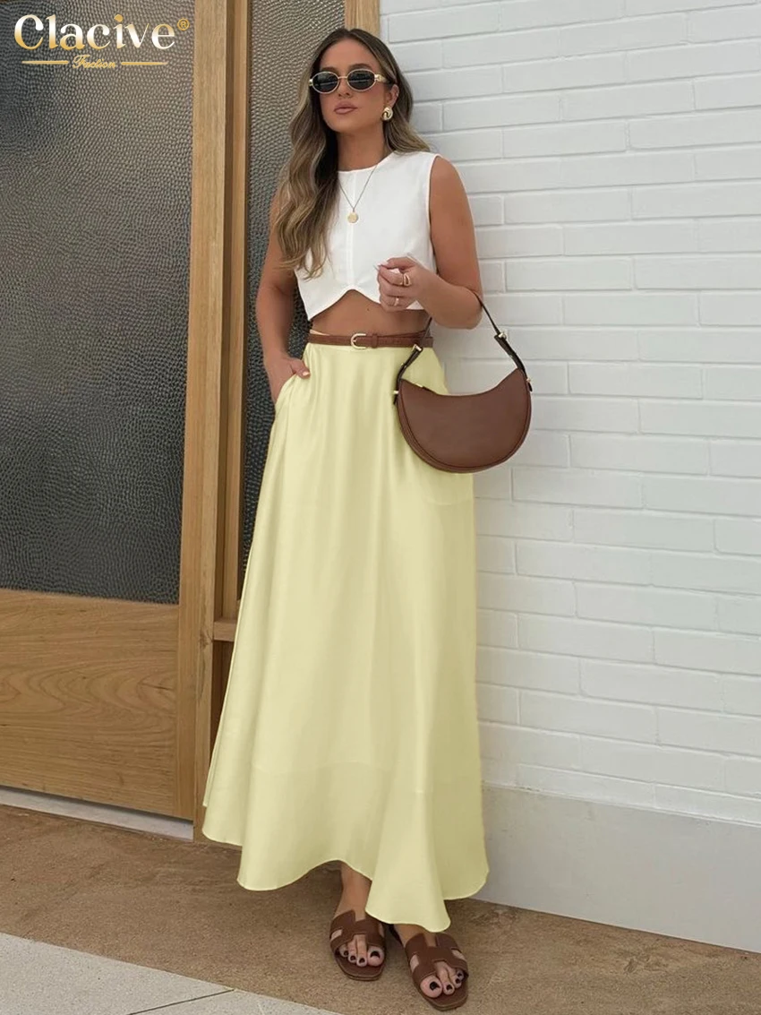 Clacive Casual Loose Yellow Women's Skirt 2025 Fashion High Waist Ankle Length Skirts Elegant Simple Solid Skirt Female Clothing