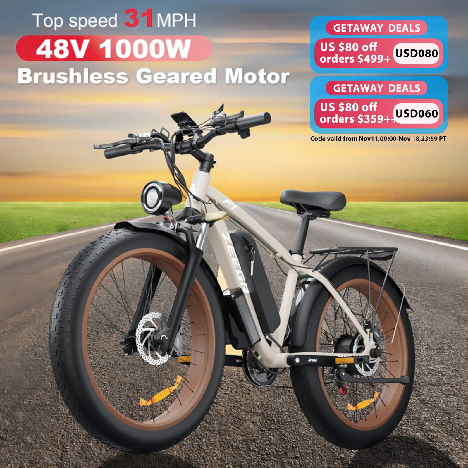 Zeegr F1 single l000w Electric Bike  Fat Tire electric bicycle full suspension Ebike With 48v16ah Lithium Battery electric bike