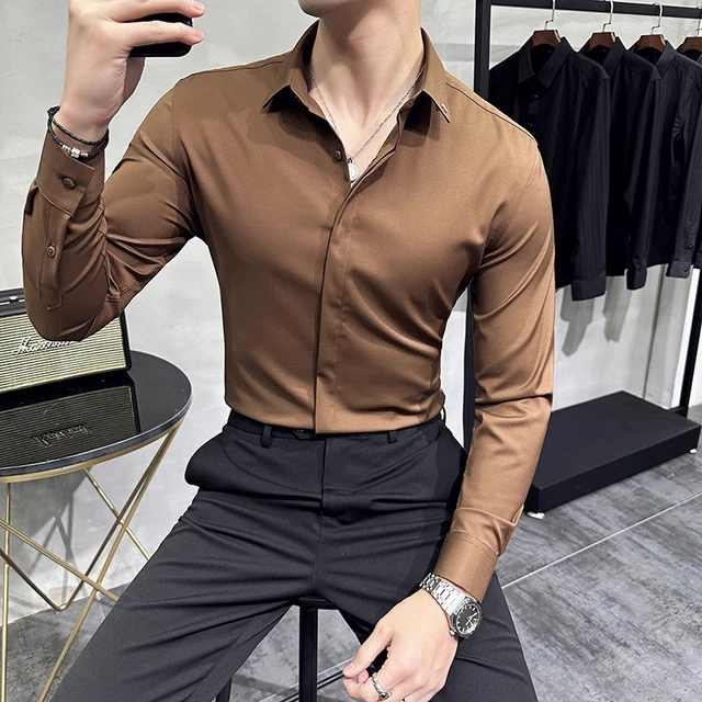 High Quality Solid Dress Shirt Men Simple Long Sleeve Slim Fit Business Shirts Homme Social Casual Shirt Plus Size 4XL M AliExpress