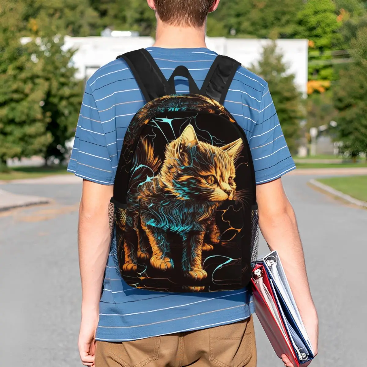 Neon Glowing Rainbow Cat Kitten Backpack Student BookBag Kids School Bag Computer Shoulder Bags for Men Women