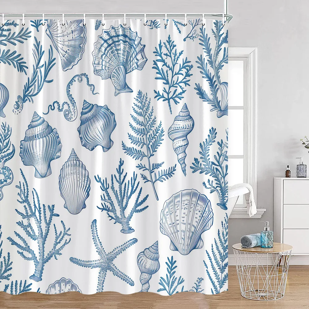 Ocean Animals Nautical Cartoon Shower Curtains Tropical Fishes Sharks Shell Sea Turtle Bathroom Decorations Kids Bath Curtain wi