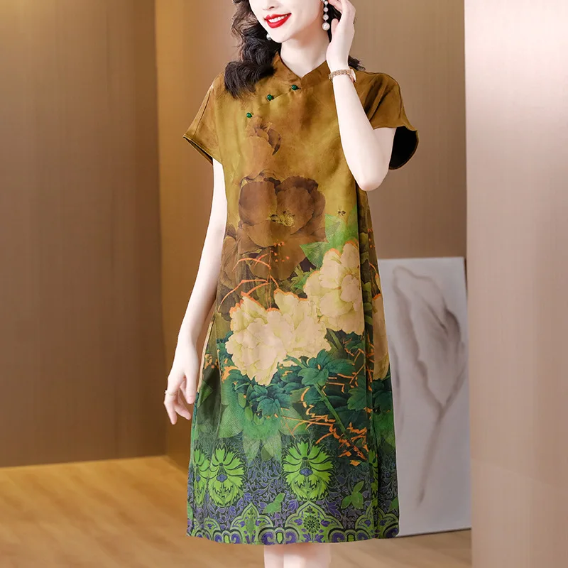 

X2006 New Chinese Gauze Dress Women's Dress Summer Vintage Flower Print Loose Size Short Sleeve Elegant Long Dress