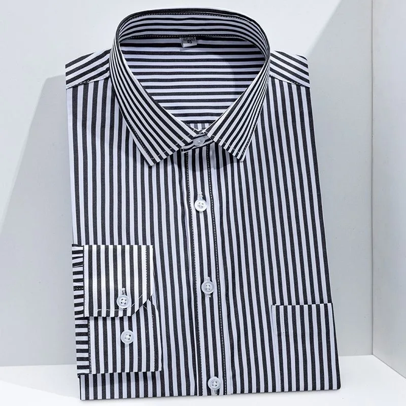 Men Formal Shirt Long Sleeve Office Solid Color Striped Fashion Business Pocket White Social Shirt Men's Clothing 5XL 6XL