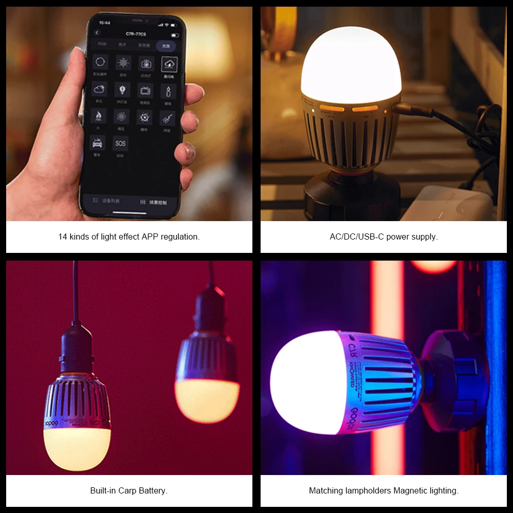 Godox C7R C10R Light Bulb Bluetooth Adjustable RGB Bulb Portable Built-In Battery Photographic Lighting Bulb Magnetic LED Light