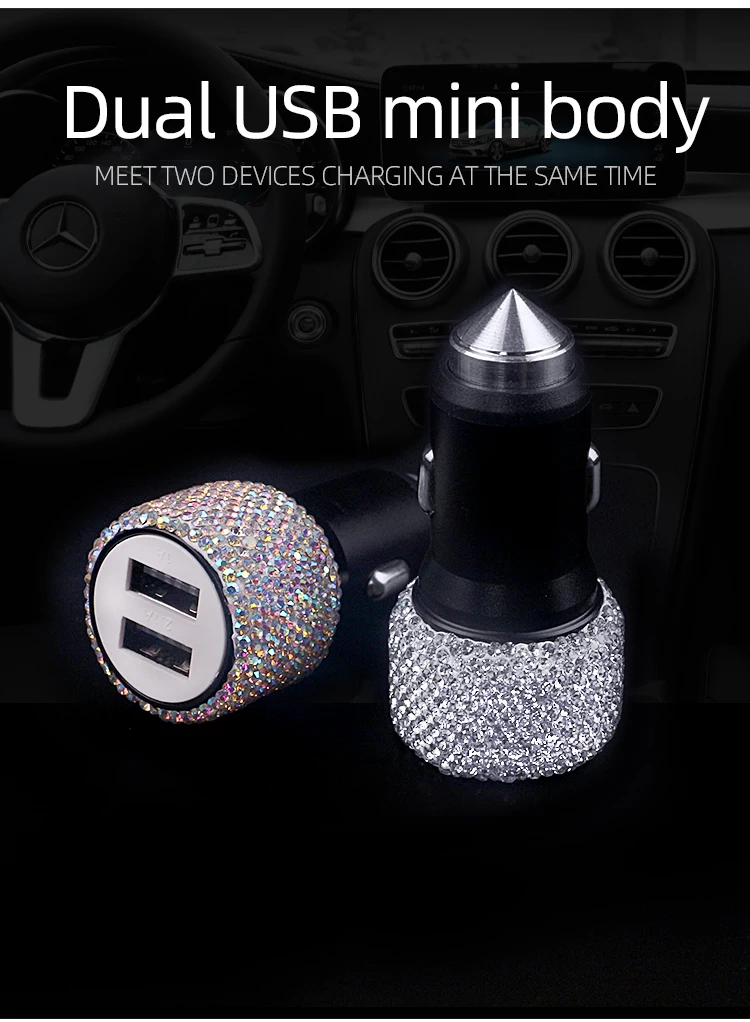 Dual Port Bling USB Car Charger Crystal Diamond 3A 3 in1 Fast Charger Cord Socket Multiport Adapter Glitter Decoration Plug