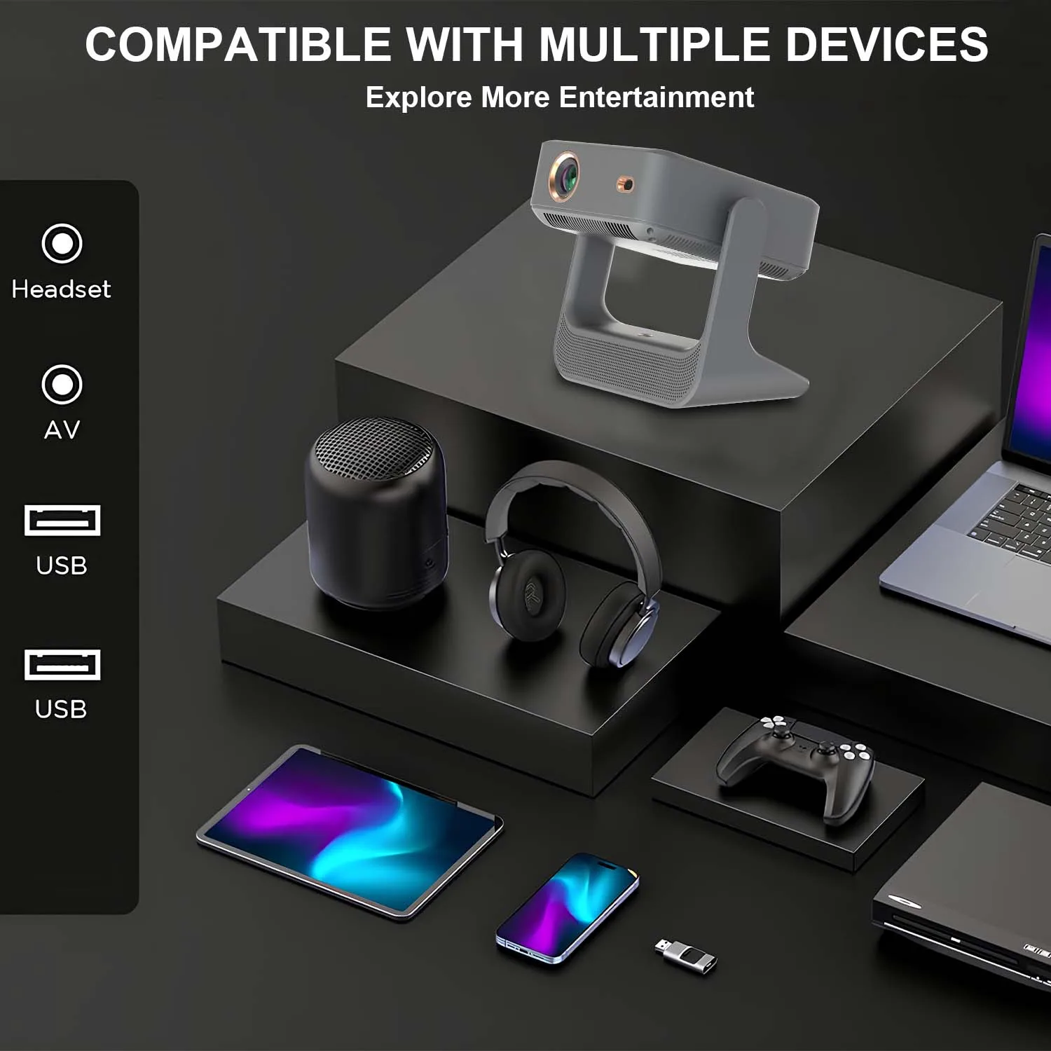 Prime Video Supported Projector 8'' Touch Screen 1080P 4K, 180° Rotation - Android iOS Sync, WiFi BT5.0, HDMI USB Home Cinema